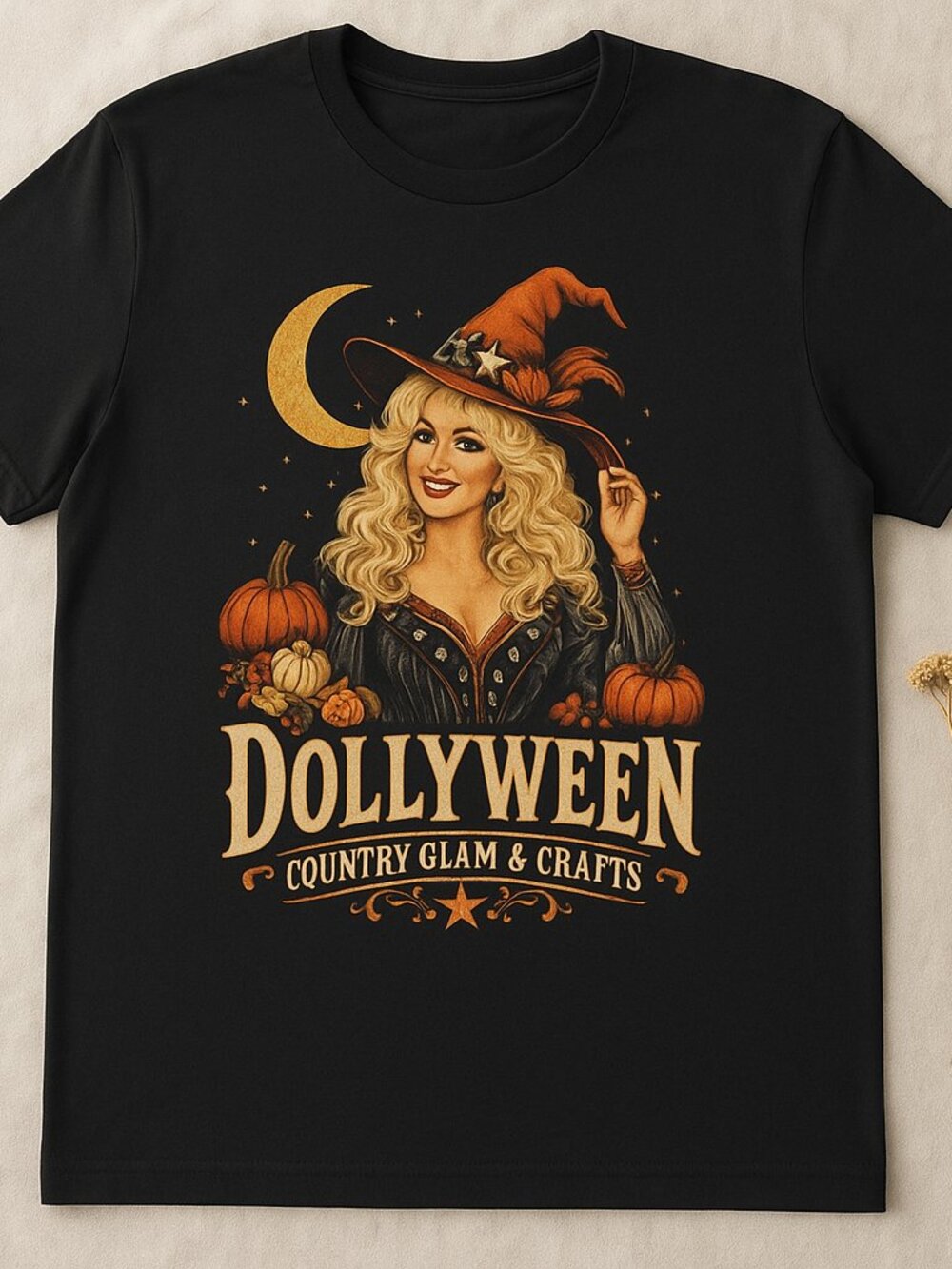 Dollyween Country Glam Graphic Tee | Halloween Witch T-Shirt | Black Vintage Pum
